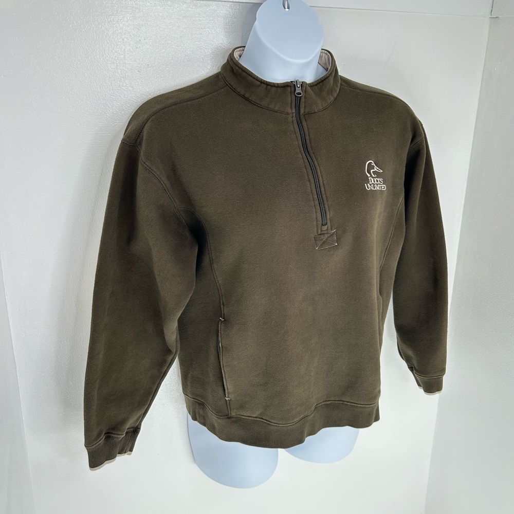 Ducks Unlimited 1/4 Zip Sweatshirt Womens Medium Elbow Patches Brown Pockets - Picture 3 of 9